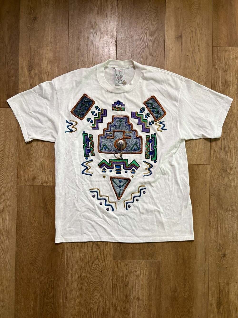 Vintage 90s K.W.B.L. Los Angeles Hand Painted Puffy Paint Beaded Tribal Art T-Sh